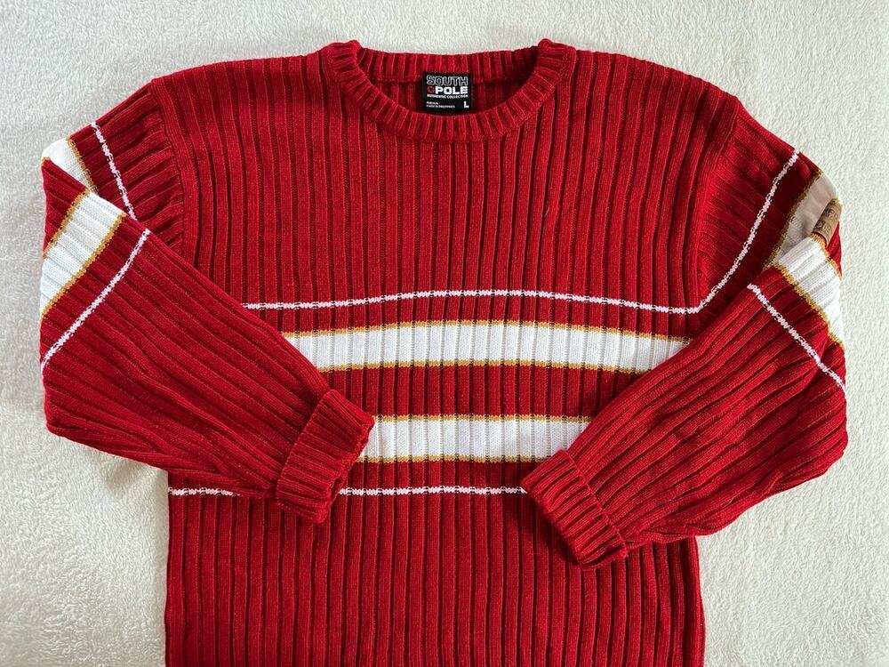 Vintage Southpole Men’s Large Red White Striped Ribbed Knit Y2K Sweater